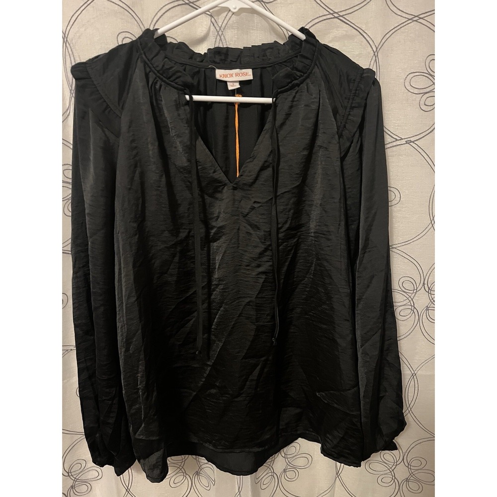 Women's Knox Rose Long Sleeve Black V-Neck Satin‎ Top Elastic Wrist Size Small